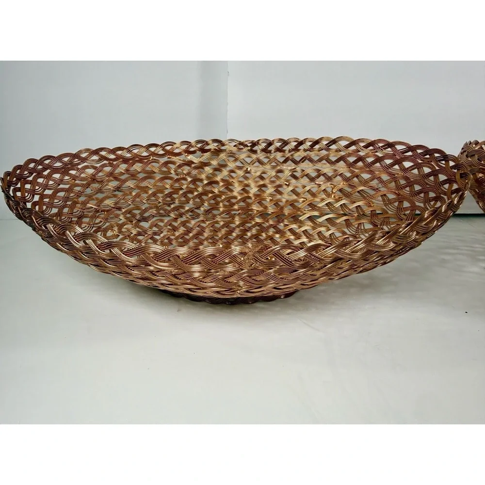 Vintage Woven Copper Wire Baskets Set of 2 Oval Footed Decorative Fruit Bowls